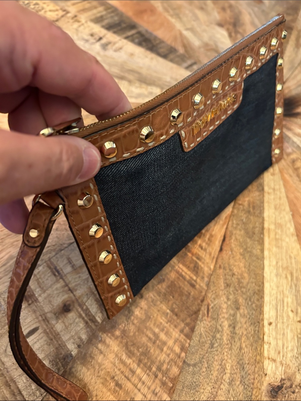 Michael Kors Black Denim and Brown Leather Studded Wristlet - Picture 3 of 8